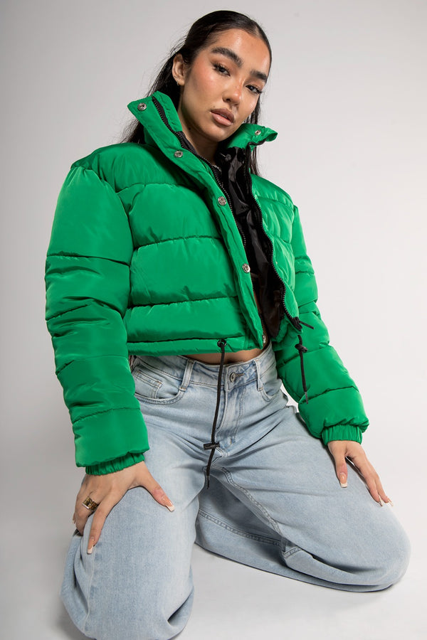 Green Cropped Drawstring Puffer Jacket