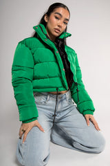 Green Cropped Drawstring Puffer Jacket