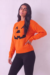 Orange Pumpkin Face Halloween Knitted Jumper - Ava