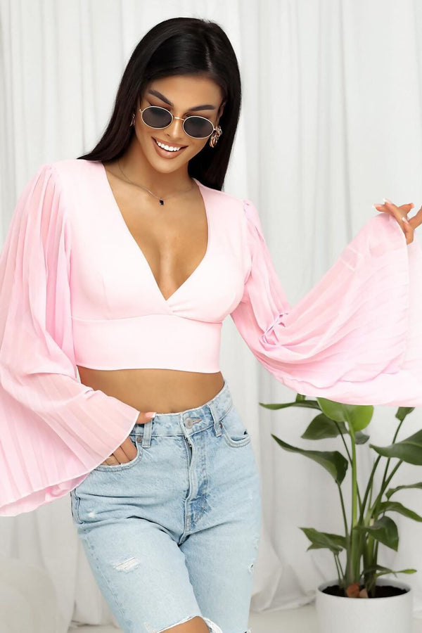 Pink Backless Crop Top With Pleated Bell Sleeves