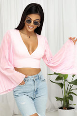 Pink Backless Crop Top With Pleated Bell Sleeves