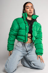 Green Cropped Drawstring Puffer Jacket