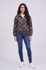 Brown Check Print Cropped Zipped Jacket - Ella