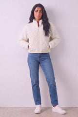Cream Teddy Borg Zip Front Quilted Jacket with Heart Detail - Emily
