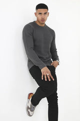 Mens Charcoal Long Sleeve Casual Crew Neck Knitted Jumper