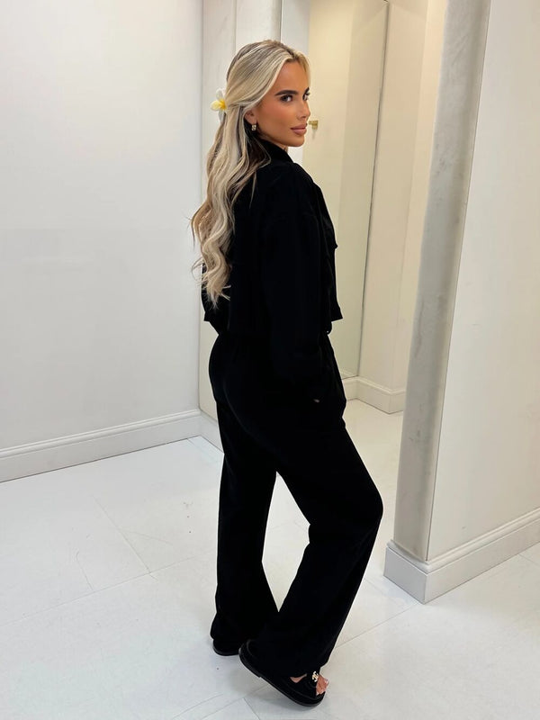 Black Long Sleeve Bomber Jacket And Straight Leg Trouser