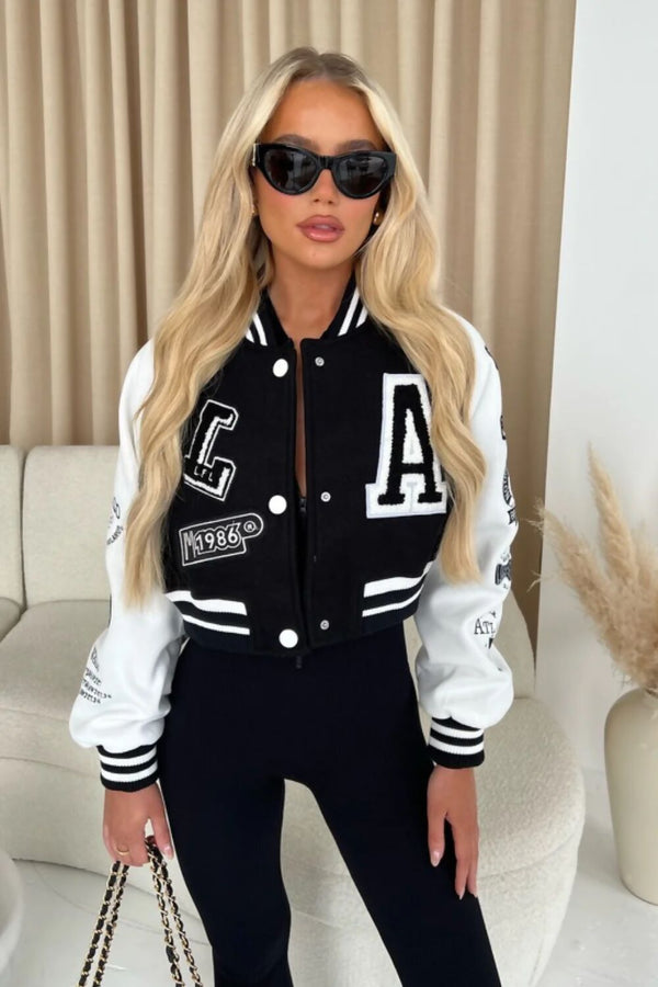 Black Womens Faux Leather Cropped Contrast Graphic Bomber Jacket