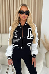 Black Womens Faux Leather Cropped Contrast Graphic Bomber Jacket