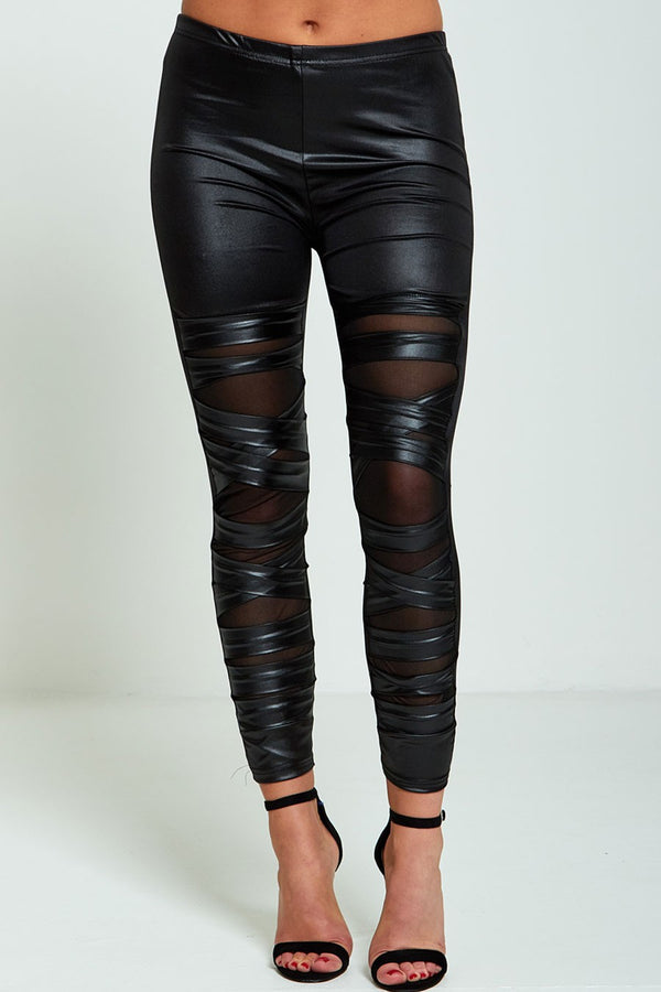 Ripped Detail Mesh Underlay Leather Look Leggings