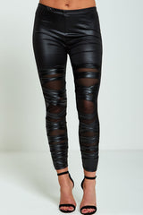 Ripped Detail Mesh Underlay Leather Look Leggings