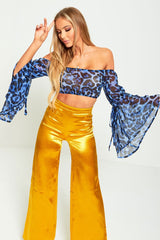 Sheer Blue Leopard Print Bardot Crop Top 