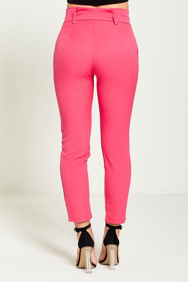 Pink High Waist Belted Tapered Trousers
