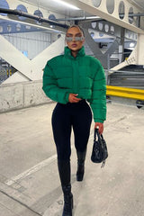 Green Cropped Drawstring Puffer Jacket