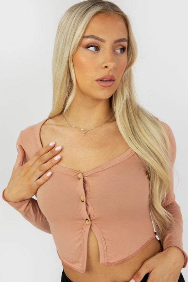 Blush Button Front Long Sleeve Crop Top