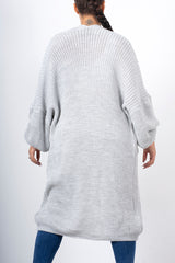 Light grey longline balloon sleeve knitted cardigan