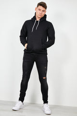 Mens Black Contrast Drawstring Pull Over Hoodie