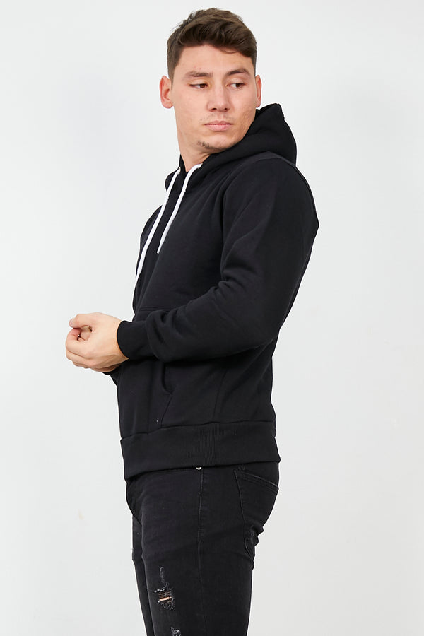 Mens Black Contrast Drawstring Pull Over Hoodie
