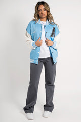 Sky Blue Contrast Sleeve Letter B Varsity Jacket