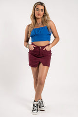 Blue Slinky Ruched Spaghetti Strap Crop Top