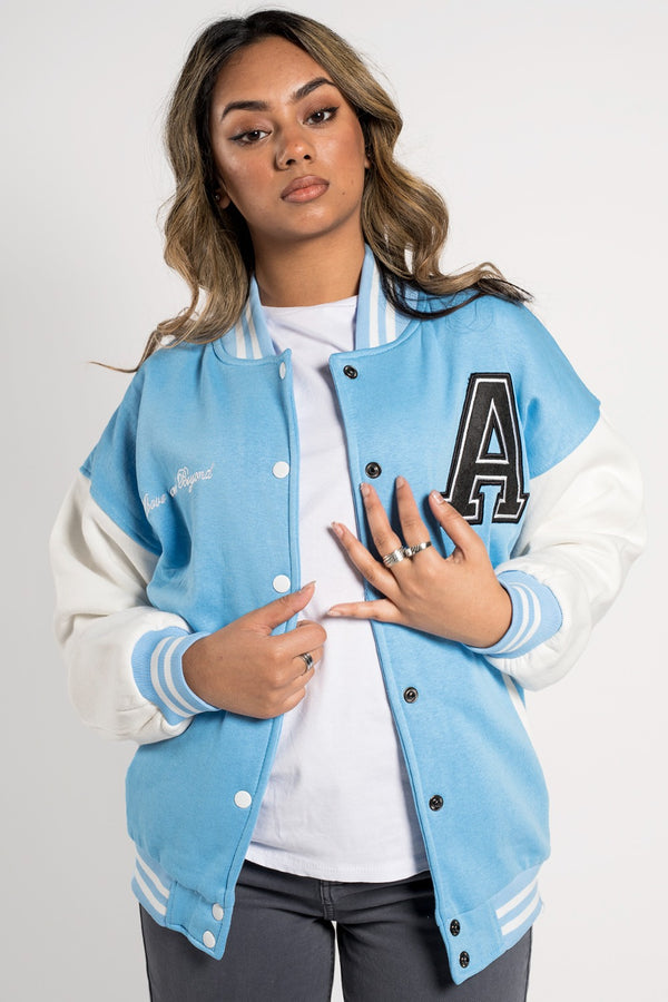 Sky Blue Contrast Sleeve Letter B Varsity Jacket