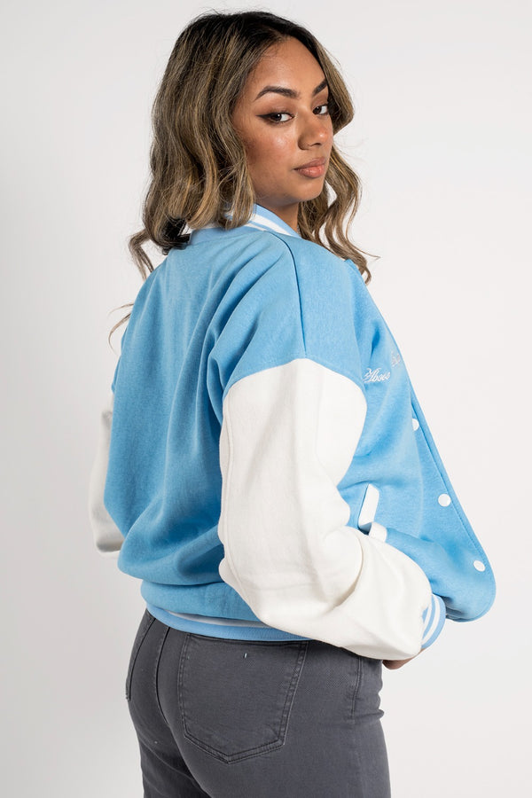 Sky Blue Contrast Sleeve Letter B Varsity Jacket