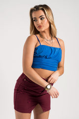 Blue Slinky Ruched Spaghetti Strap Crop Top