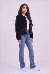 Black Faux Fur Trimmed Cropped Jacket - Charlotte