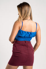 Blue Slinky Ruched Spaghetti Strap Crop Top