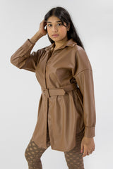 Brown Belted PU Leather Shirt Dress