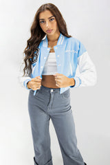 Blue Cropped Contrast Sleeve Varsity Jacket