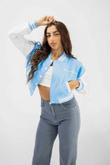 Blue Cropped Contrast Sleeve Varsity Jacket