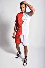 Mens Red And White Colourblock Muscle Fit Short Set