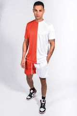 Mens Red And White Colourblock Muscle Fit Short Set
