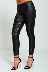 Ripped Detail Mesh Underlay Leather Look Leggings