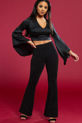 Black Satin Flared Crop Top 