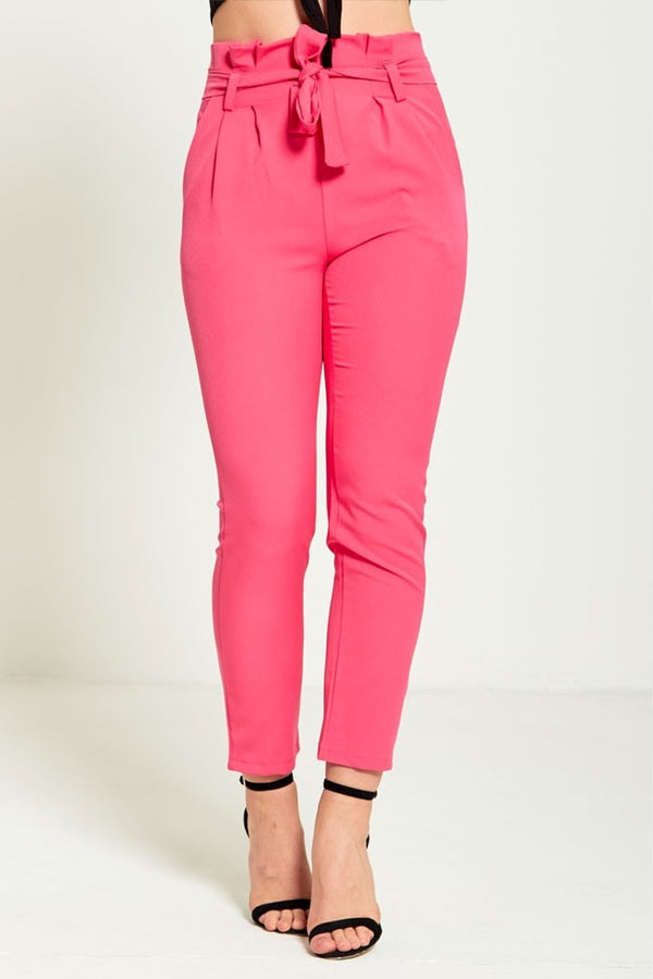 Pink High Waist Belted Tapered Trousers