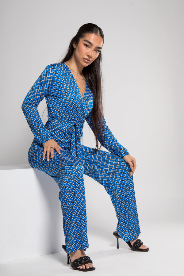 Blue Printed Wide Leg Belted Jumpsuit