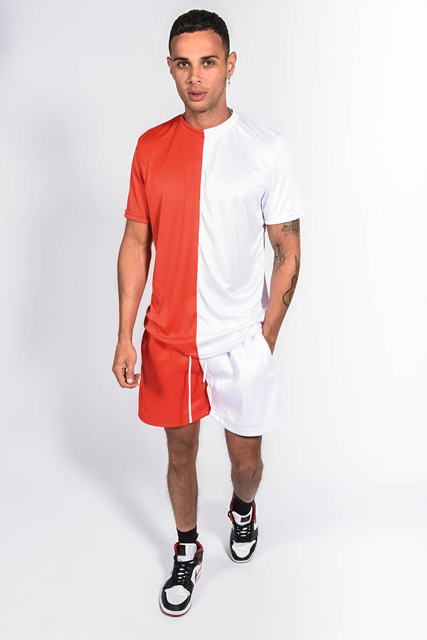 Mens Red And White Colourblock Muscle Fit Short Set