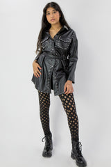 Black Studded Belted PU Leather Shirt Dress