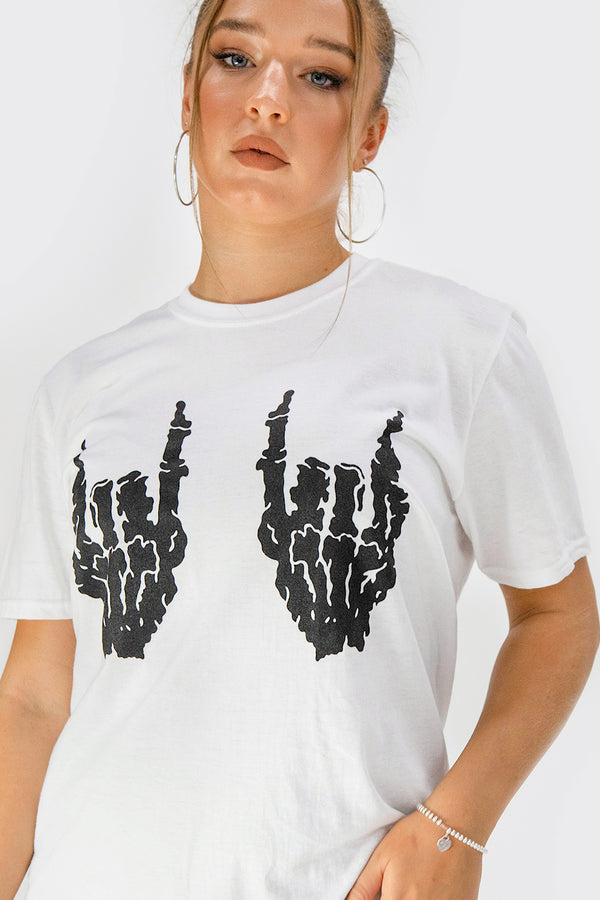 White Skeleton Hand Print Oversized Tee-Copy