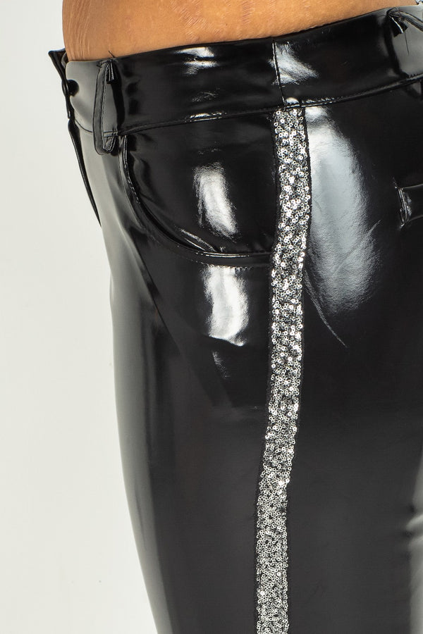 Black Silver Sequin Stripe Vinyl Pants