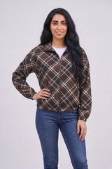 Brown Check Print Cropped Zipped Jacket - Ella
