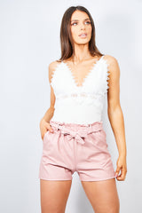 Pink High Rise Ruffle Hem Pu Shorts