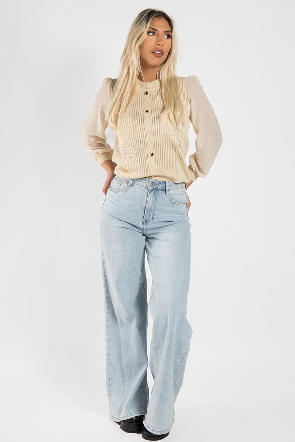 Beige Cotton Long Sleeve Top