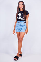 Denim Bumbag Detail Paperbag Waist Shorts