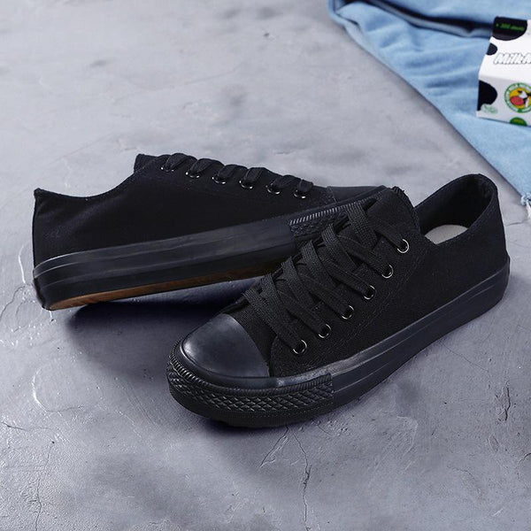 Mens All Black Lace Up Canvas Flat Trainers