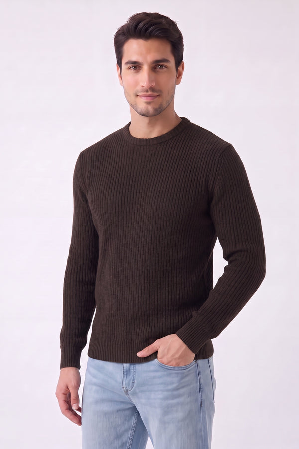 Men’s Chocolate Brown Ribbed Crew Neck Knit Jumper-Ryan