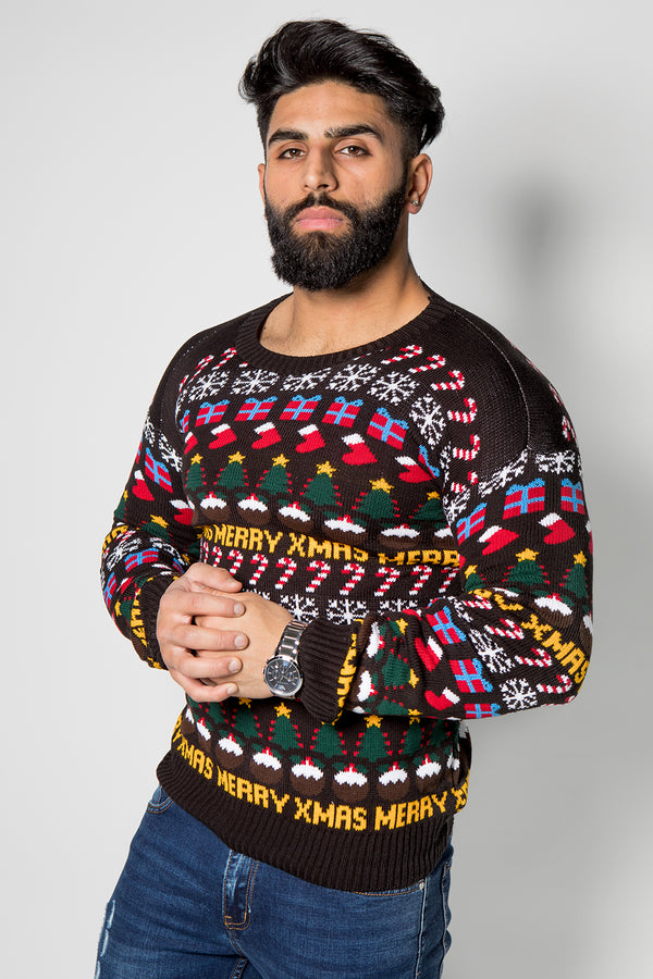 Mens Black Christmas Decoration Knitted Jumper