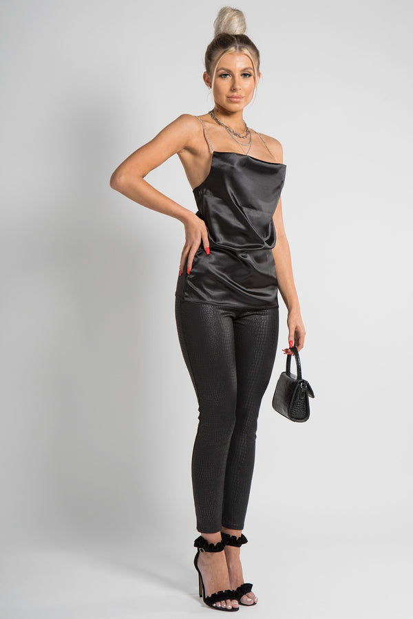Black Cowl Neck Diamante Strap Top