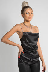 Black Cowl Neck Diamante Strap Top